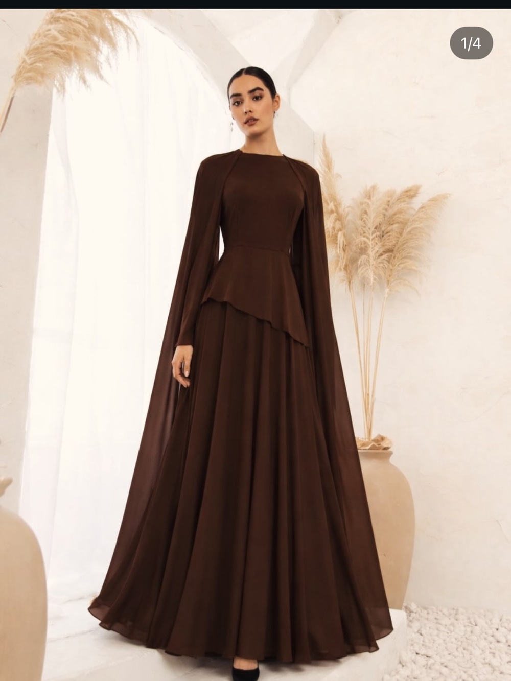 Brown Maxi Dress with Cape Overlay for Women